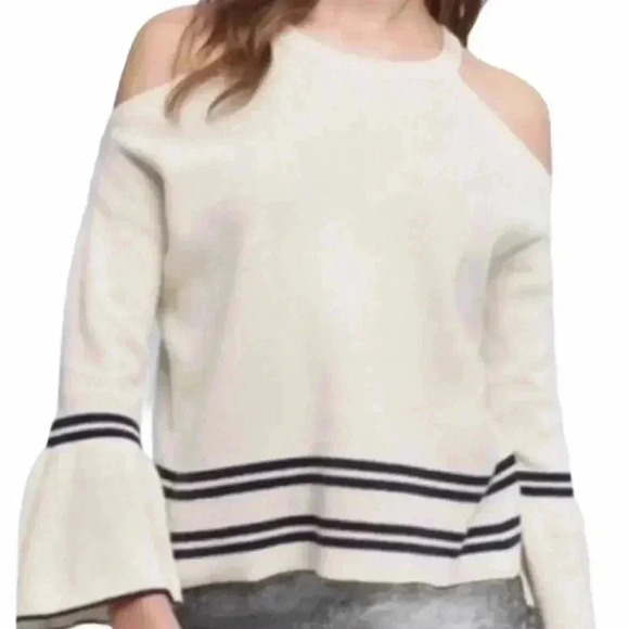 Knitted & knitted cold/off shoulder ruffle sleeve stripe cotton sweater top - Picture 2 of 6